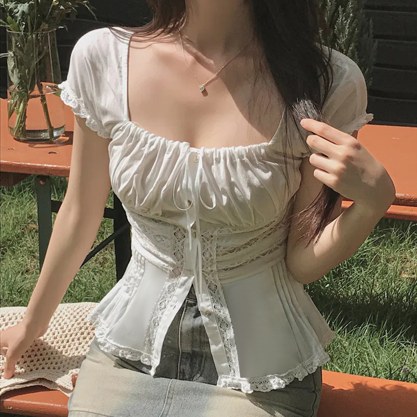 Trendy Women s Lace Splicing Square Neck Pleated Blouse Puff Sleeve Slim Fit Button Up Sweet Daily Shirt Top