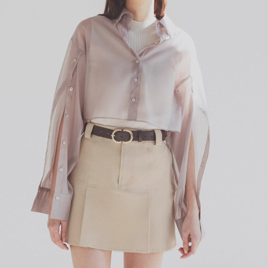 Spring Summer Solid High-Waist Belted Pleated A-Line Skirt