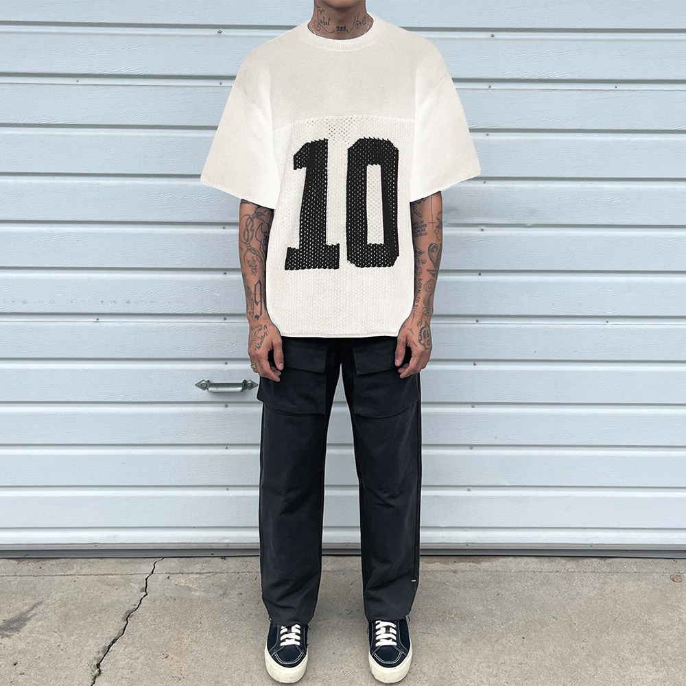 Custom LOGO Men Sweater Casual Crew Neck Knitted Top Short Sleeve Knitwear Pullover Football Jumper Mesh Knit Jersey Sweater Men