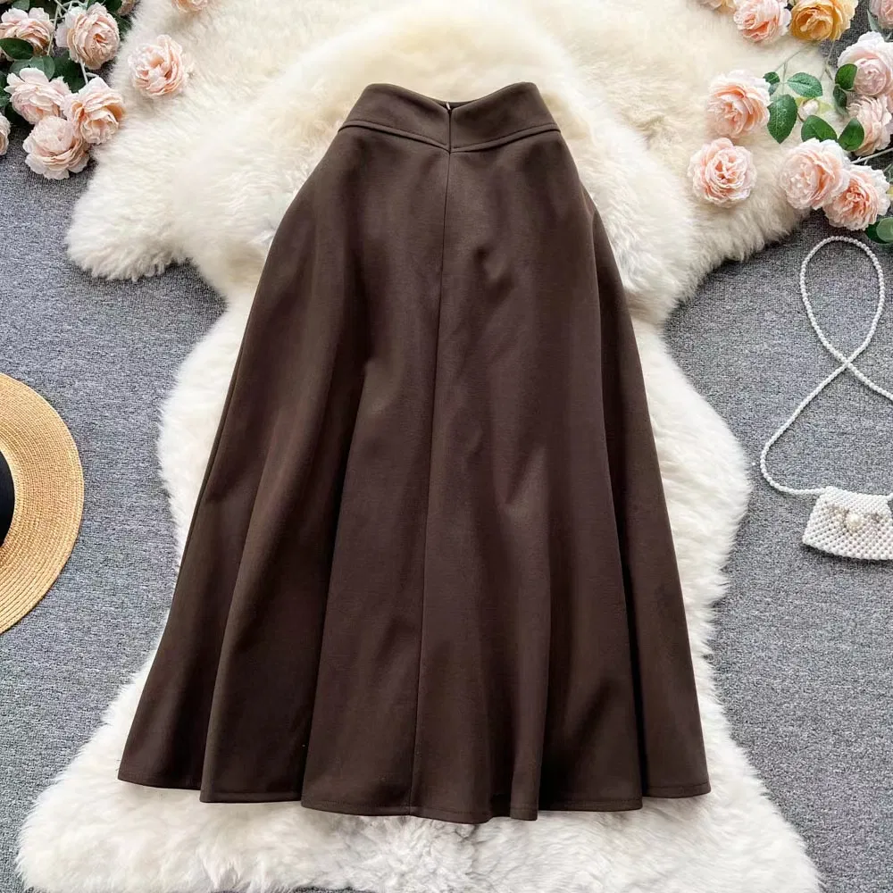Korean Style New High Waist Vintage Pleated A-Line Long Skirts for Women