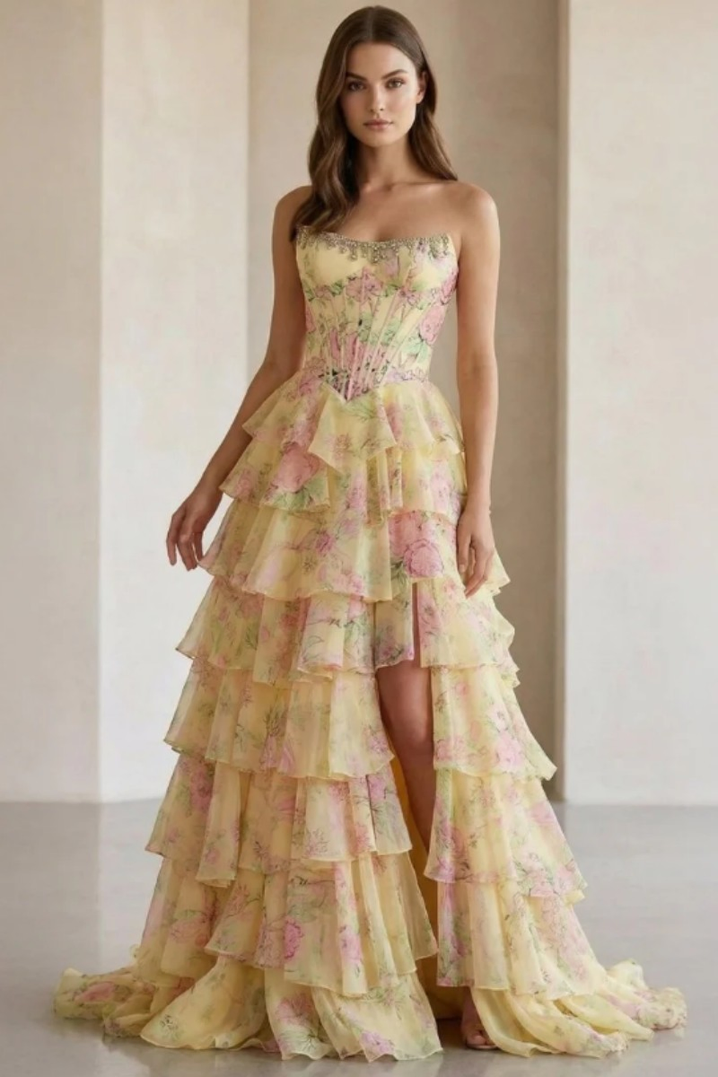 Yellow - Strapless A Line Floral Chiffon Ruffled Prom Dresses with Beading Evening Dress Prom Dress Sexy Dress Vestido De Noche Girl Dress Layered Dress