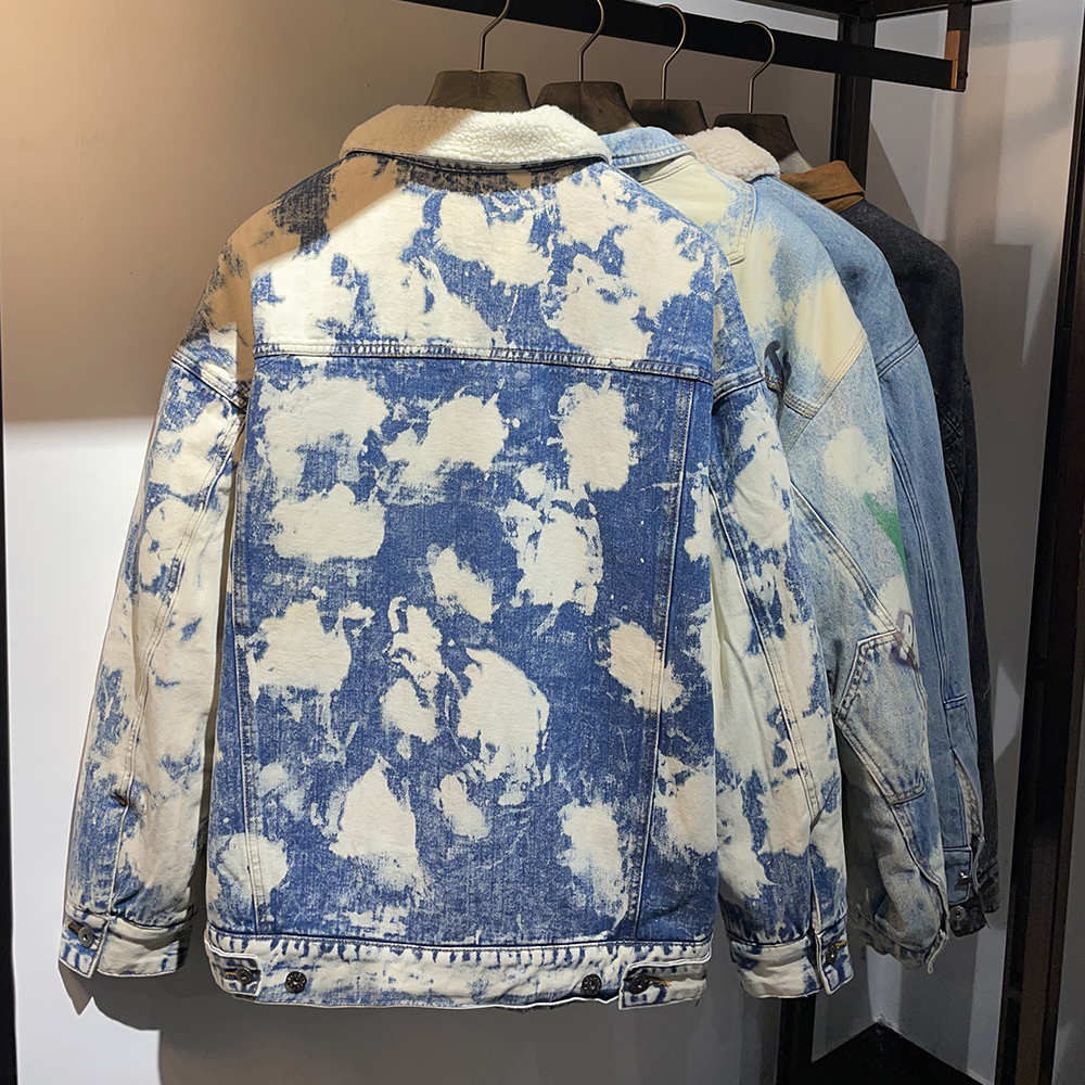 Mens Embroidered Streetwear Windproof Denim Jacket Winter Washed Turn Down Collar Custom OEM ODM Service