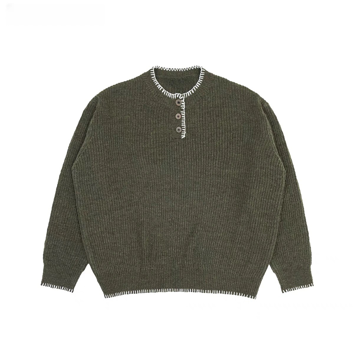 Custom Men's Casual Warm Knitted Wool Blend Pullover Sweaters Loose Button Henley Collar Long Sleeve Sweaters