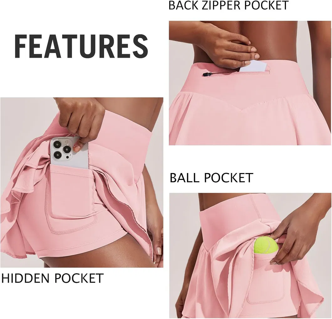 Womens Pleated Tennis Skirt Double Ruffle Golf Skort Tummy Control Athletic Skirts with 3 Pockets Workout Pickleball