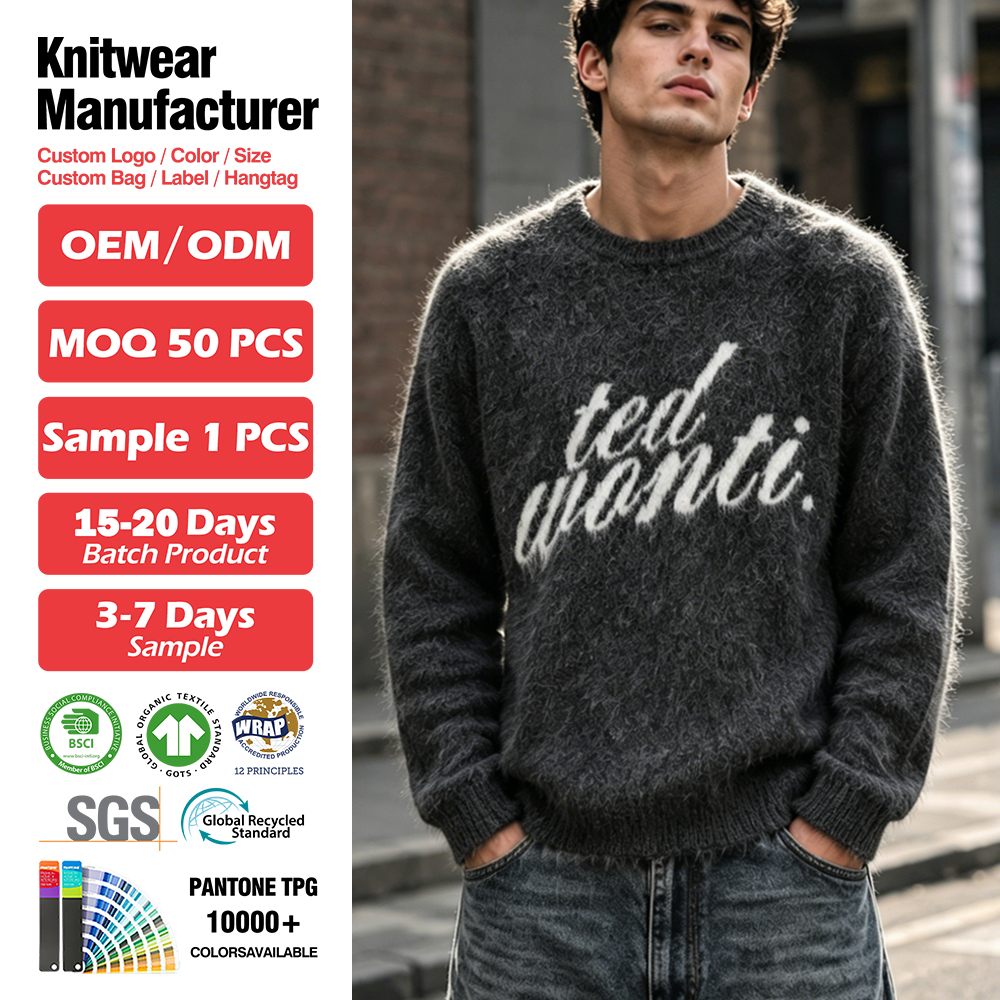 Custom Logo Fuzzy Knitwear Sweater Fashion Mohair Letter Jacquard Mohair Pullover Men Streetwear Knit Sweater for Men