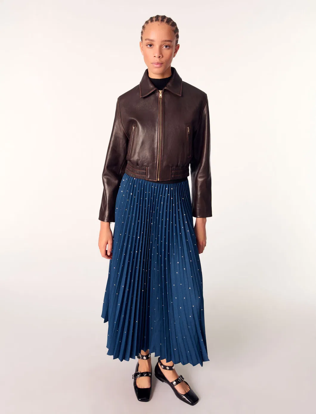 Dark Blue Dotted Pleated Summer Fashion High-Waist A-Line Wholesale Women Skirt