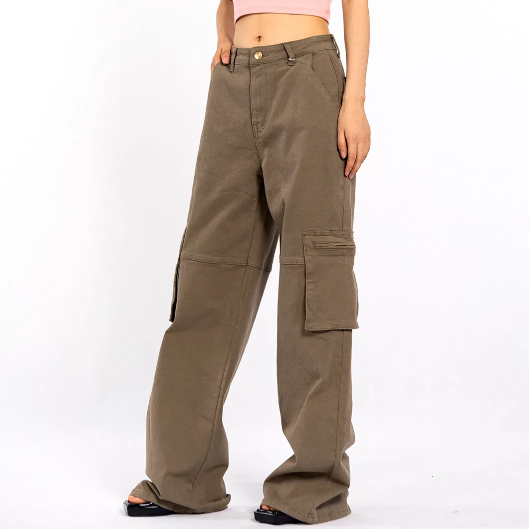 Custom Vintage Aged Large Pockets Loose Long Straight Cargo Pants Women