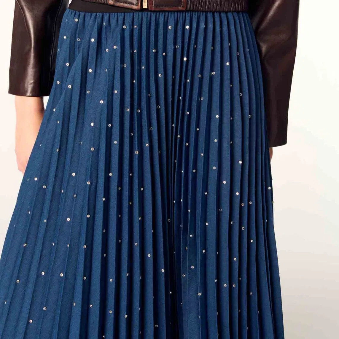 Dark Blue Dotted Pleated Summer Fashion High-Waist A-Line Wholesale Women Skirt