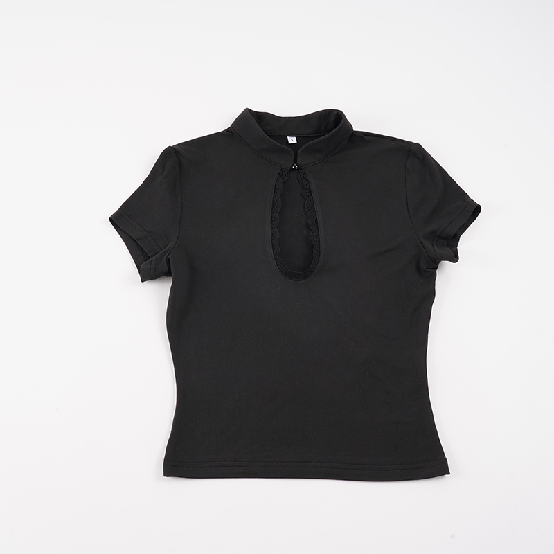 Lace-trimmed stand-up collar top actual photo