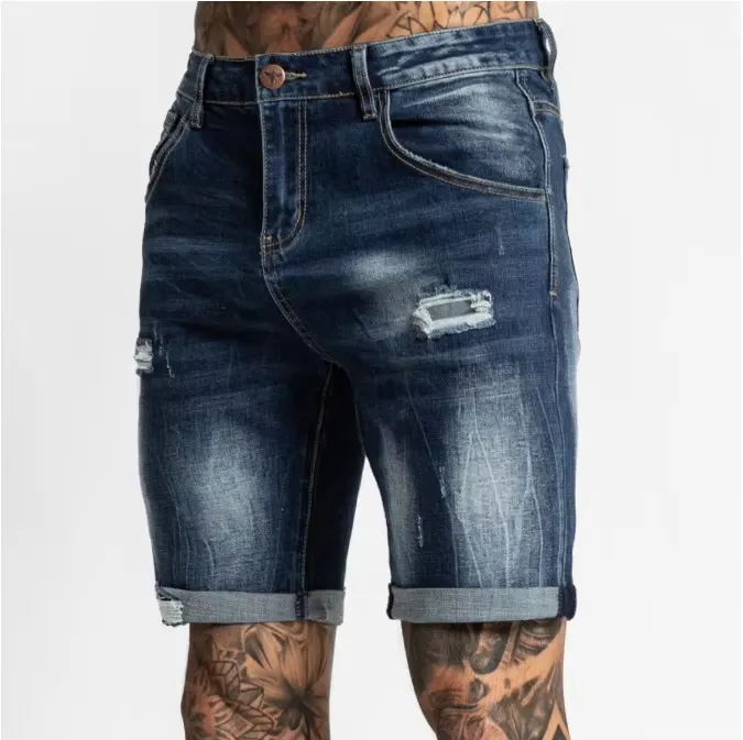 Custom Cotton Summer Skinny Damage Stretch Waistband Hole Straight-Leg Men Denim Shorts