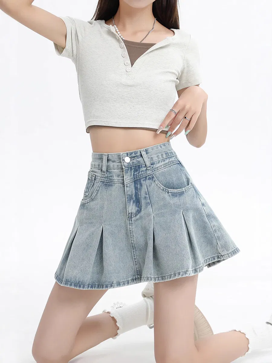 Low MOQ Women High-Waist Pleated Denim Skort Vintage Washed A-Line Mini Skirt with Built-in Shorts
