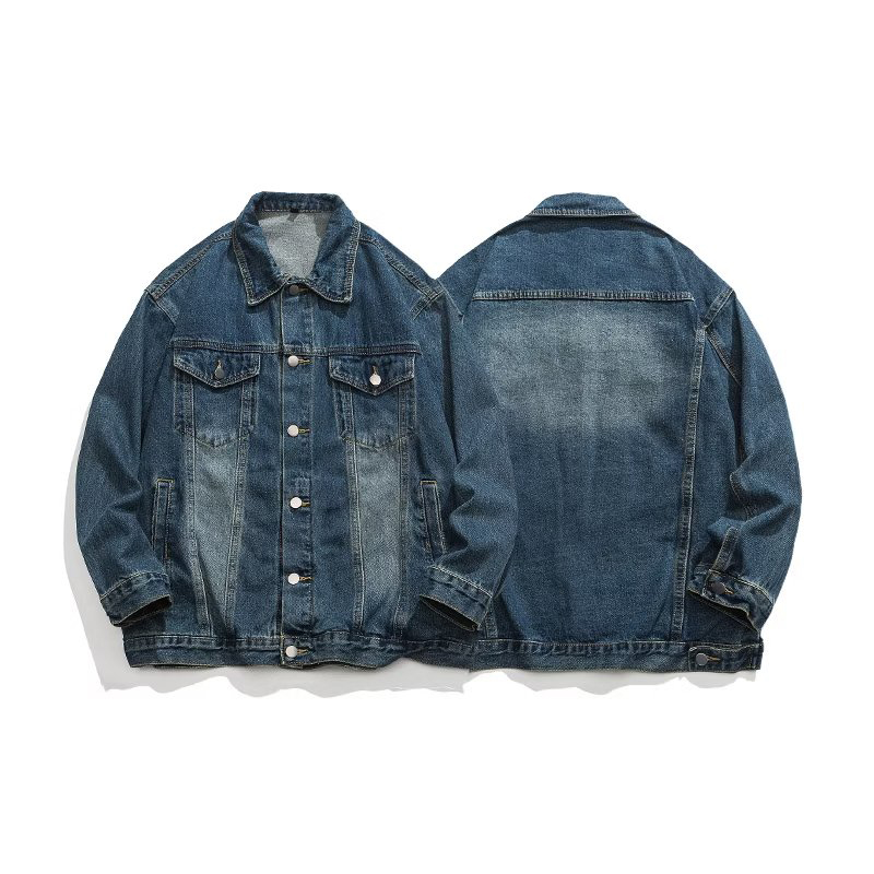 Custom Logo Unisex Jean Jackets With Single Breasted Closure And Lapel Collar Classic Washed Blue Denim Jacket