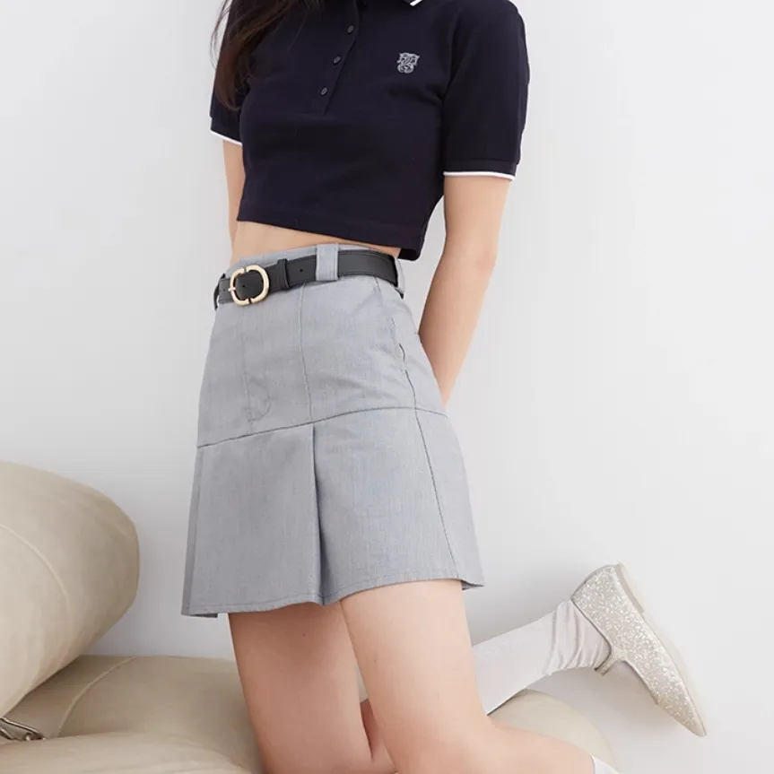 Spring Summer Solid High-Waist Belted Pleated A-Line Skirt