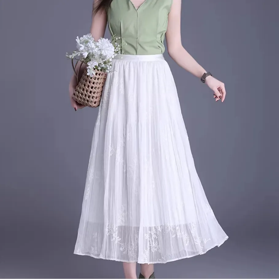 Casual Summer Print Embroidery Pleated Skirt A Line Black Women's Half Length Skirt MIDI Skirt