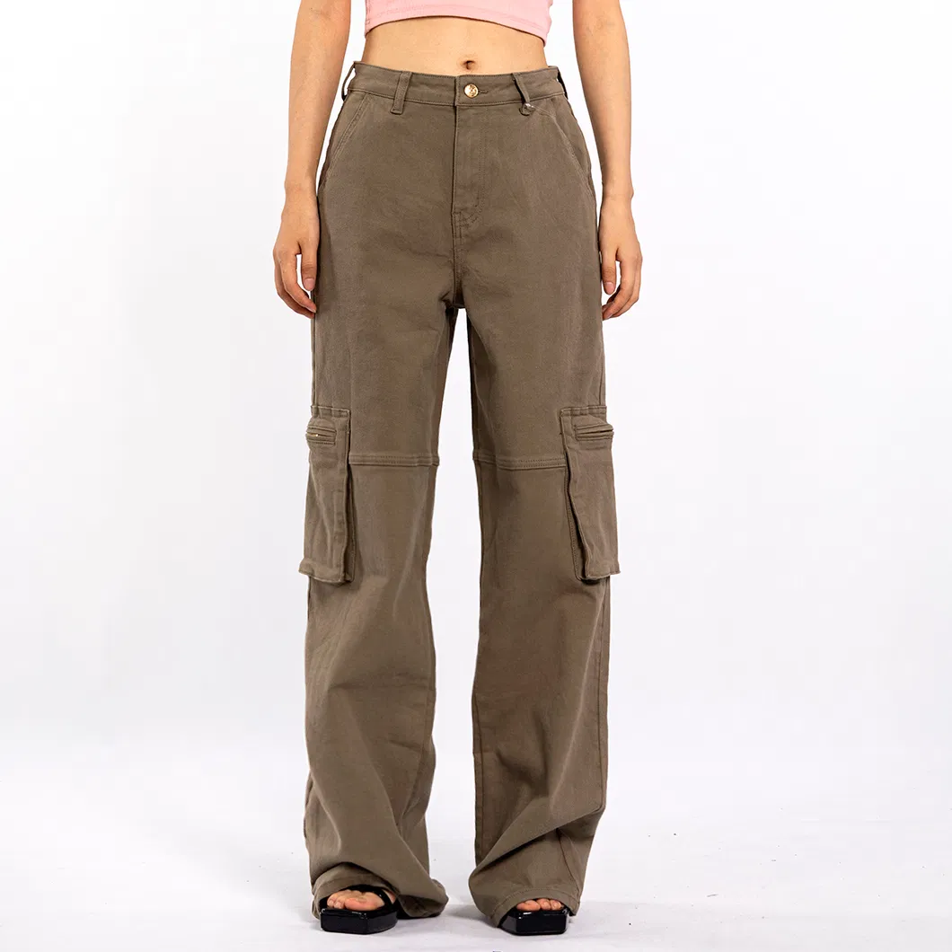 Custom Vintage Aged Large Pockets Loose Long Straight Cargo Pants Women