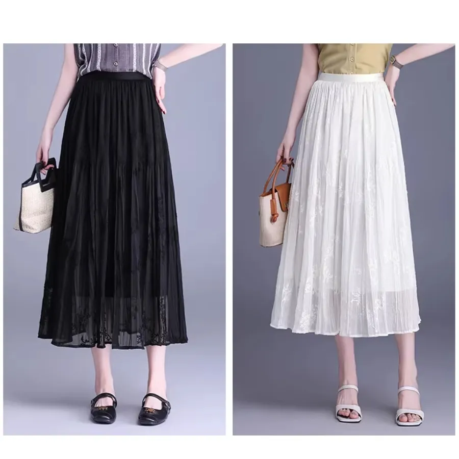 Casual Summer Print Embroidery Pleated Skirt A Line White Women's Half Length Skirt MIDI Skirt
