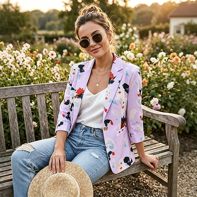 Women Light Purple Ink Print 3/4 Sleeve One Button Slim Fit Casual Blazer Suit Jacket