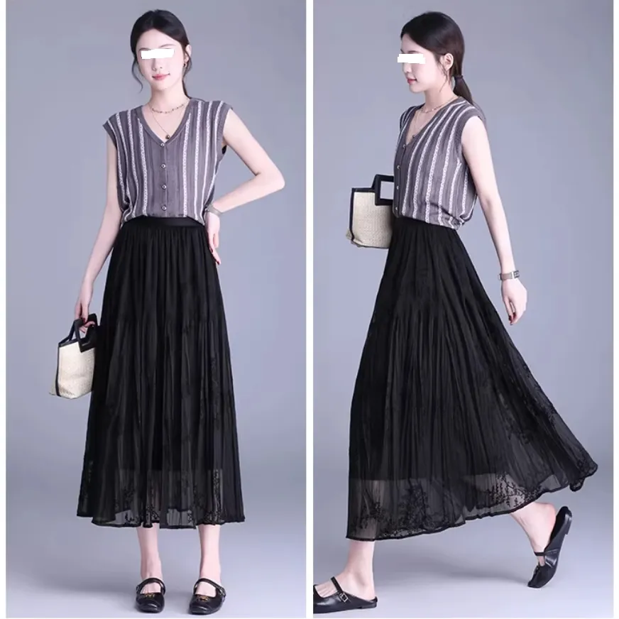 Casual Summer Print Embroidery Pleated Skirt A Line Black Women's Half Length Skirt MIDI Skirt