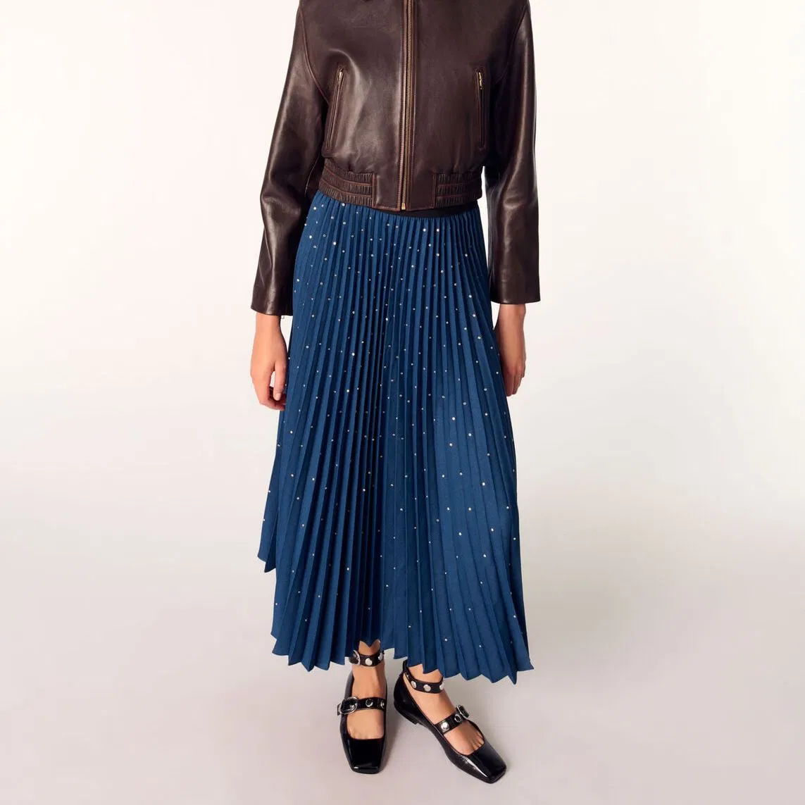 Dark Blue Dotted Pleated Summer Fashion High-Waist A-Line Wholesale Women Skirt