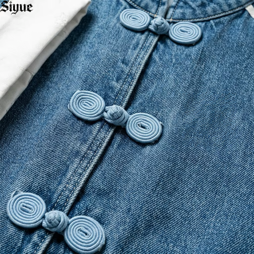2026 Custom Logo Men's Denim Jacket Chinese Traditional Frog Button Stand Collar Oversized Streetwear Striped Sleeve Jean Outfit