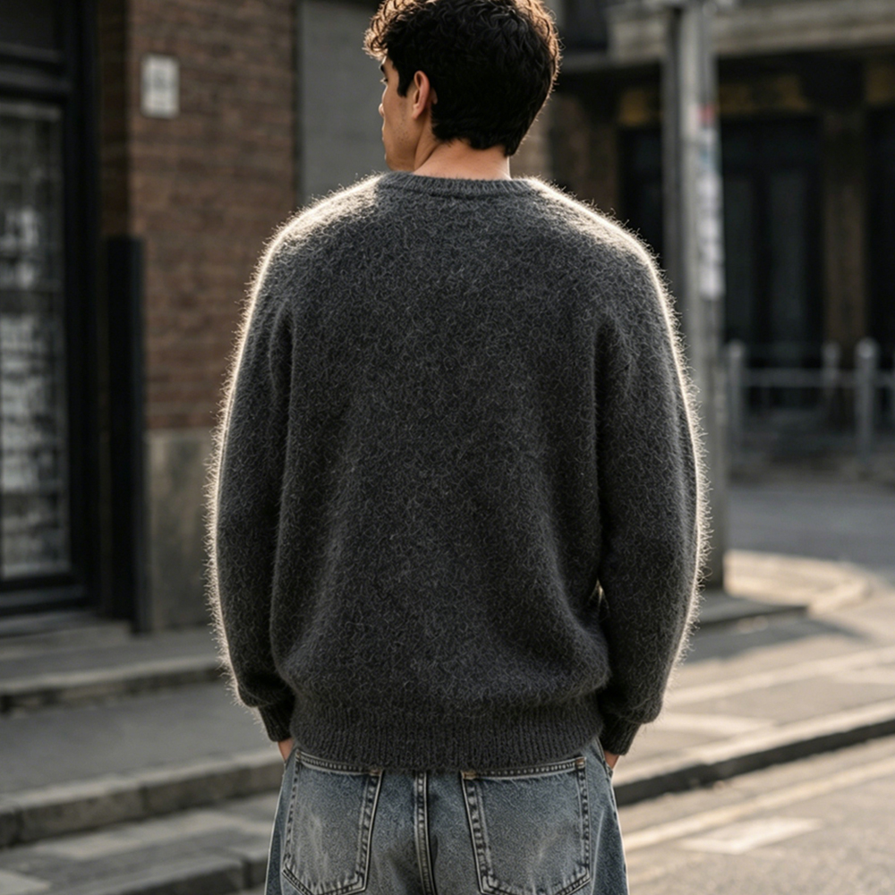 Custom Logo Fuzzy Knitwear Sweater Fashion Mohair Letter Jacquard Mohair Pullover Men Streetwear Knit Sweater for Men