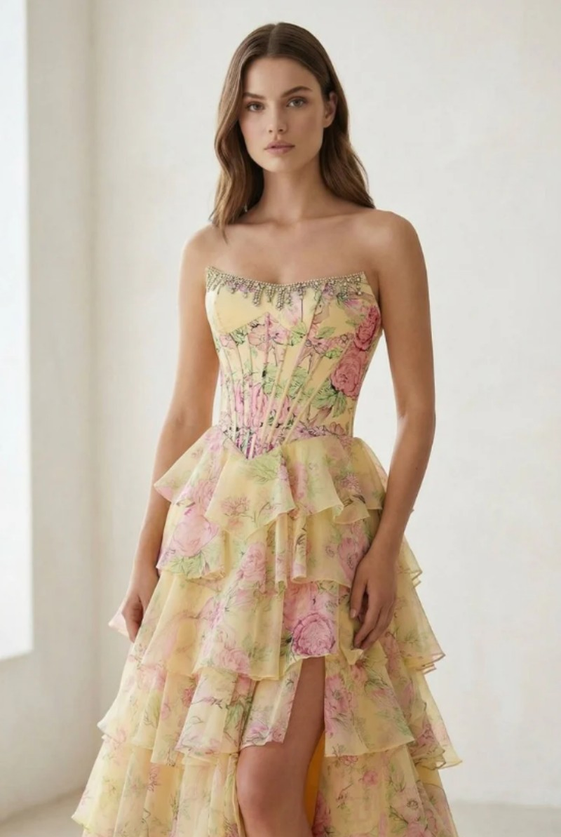 Yellow - Strapless A Line Floral Chiffon Ruffled Prom Dresses with Beading Evening Dress Prom Dress Sexy Dress Vestido De Noche Girl Dress Layered Dress
