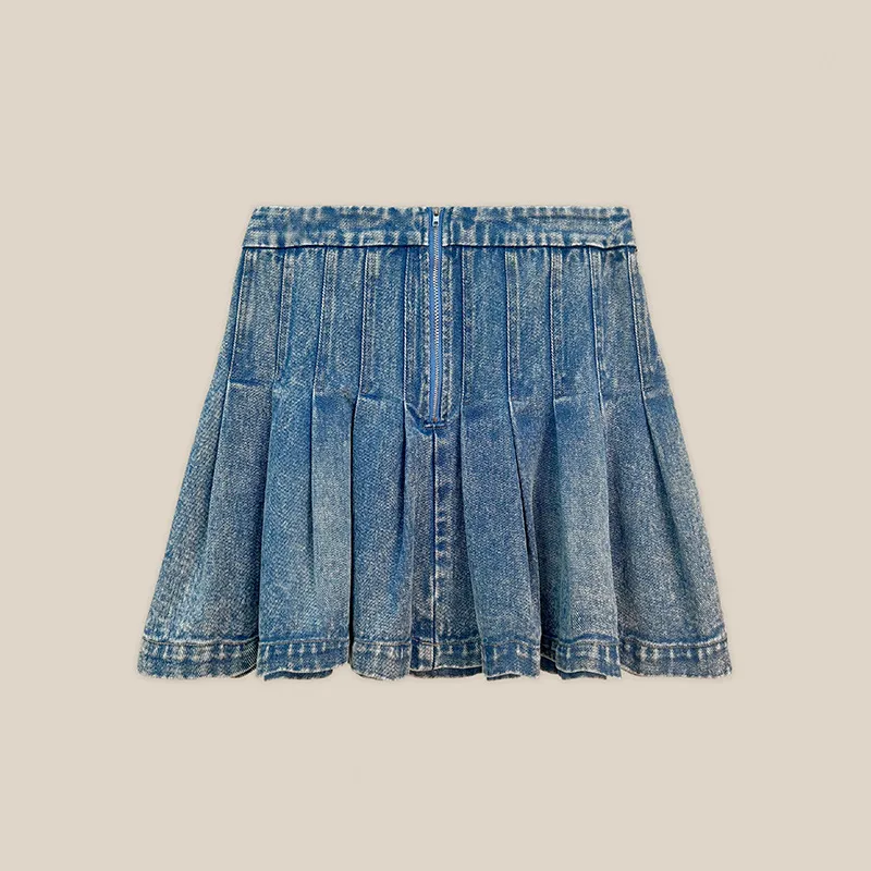 Stylish Women's Denim Pleated Skirt, Washable and Durable Design Detail