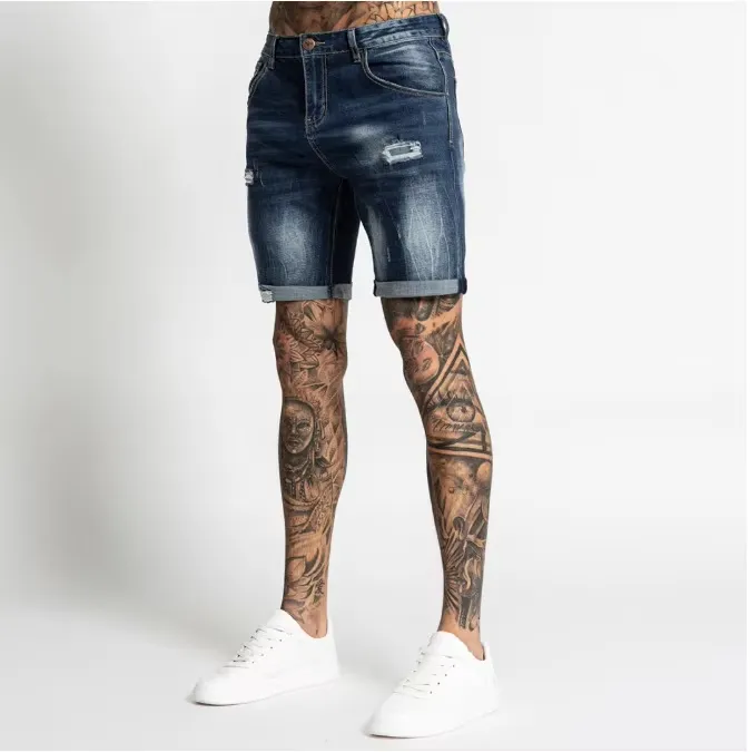 Custom Cotton Summer Skinny Damage Stretch Waistband Hole Straight-Leg Men Denim Shorts