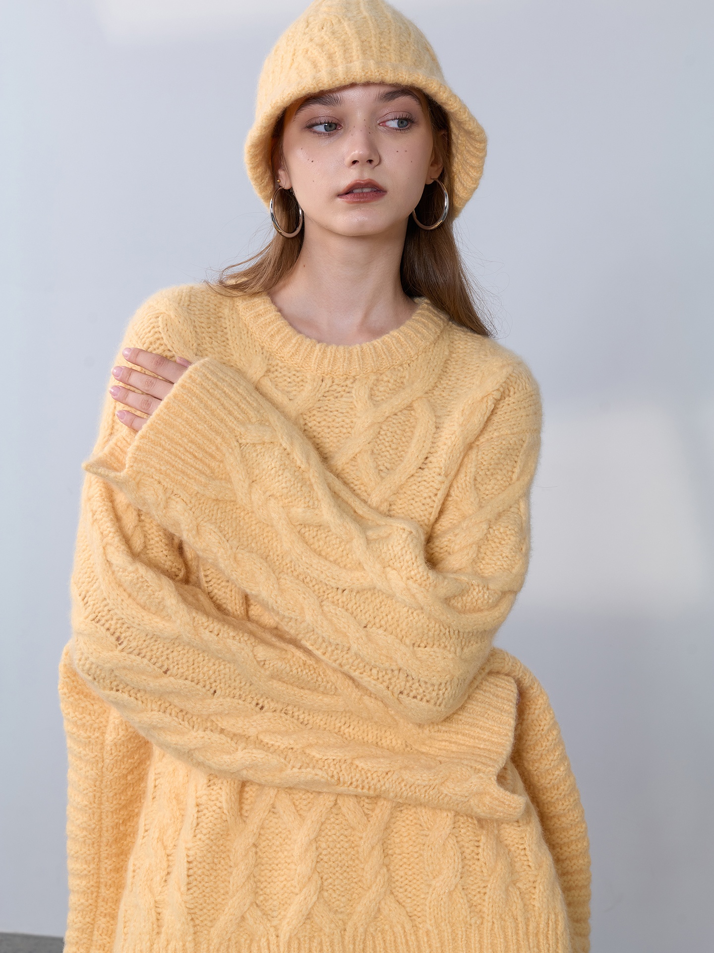 100% Pure Cashmere Cable Knit Sweater Women Oversized Crew Neck Pullover Heavyweight Warm Winter Soft Loose Knitwear Jumper Top