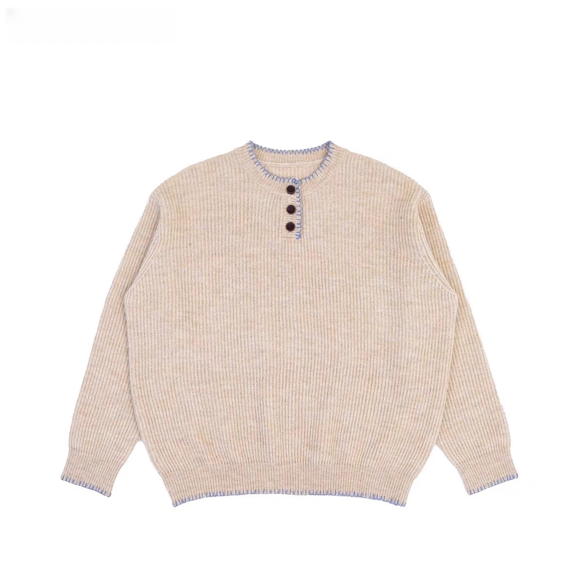 Custom Men's Casual Warm Knitted Wool Blend Pullover Sweaters Loose Button Henley Collar Long Sleeve Sweaters