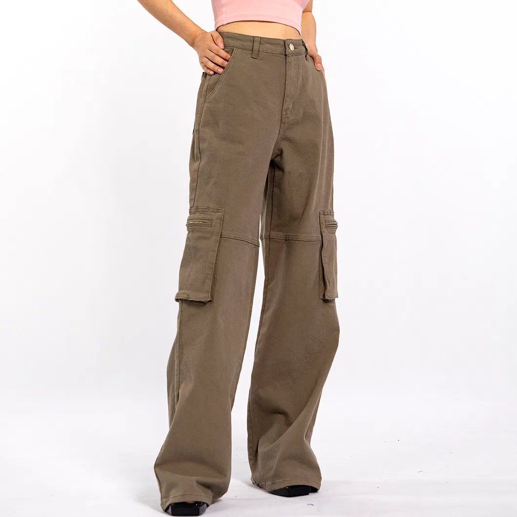 Custom Vintage Aged Large Pockets Loose Long Straight Cargo Pants Women