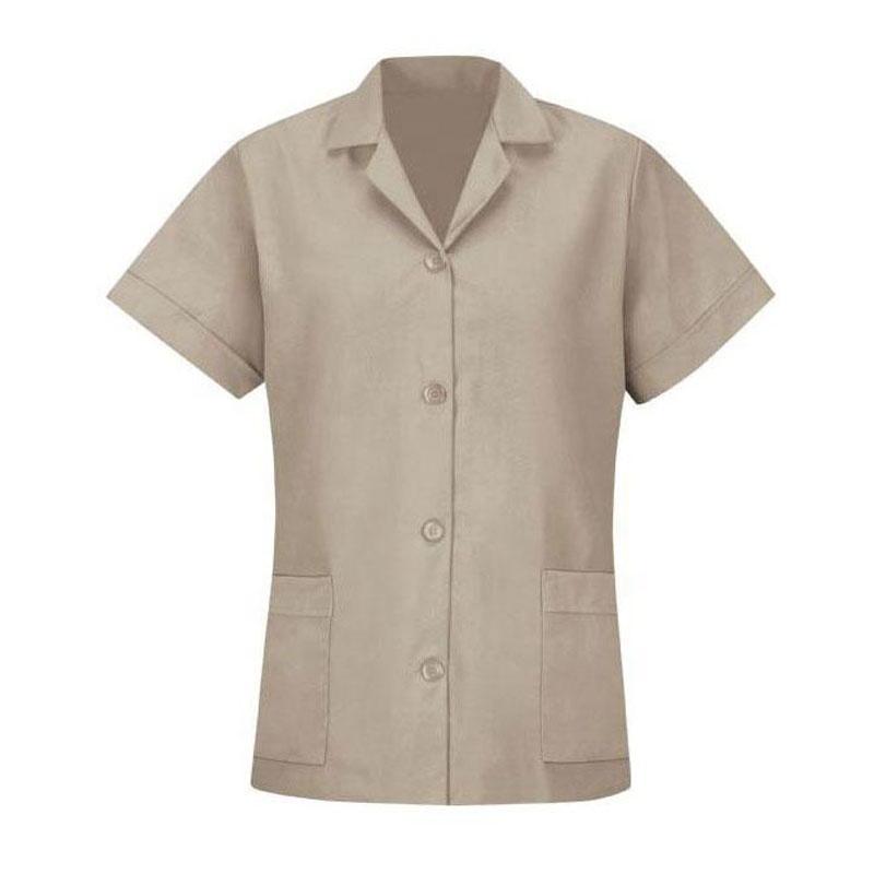 Women's Custom Logo Notched Lapel Smock Loose Fit Short Sleeve Shirt Ladies Button up Work Blouse