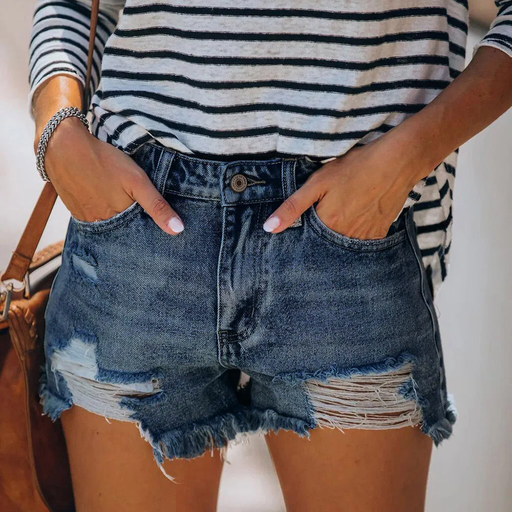 New Fashion Design Amazon Elastic Tassel Ladies Jeans Hot Women's Denim Shorts