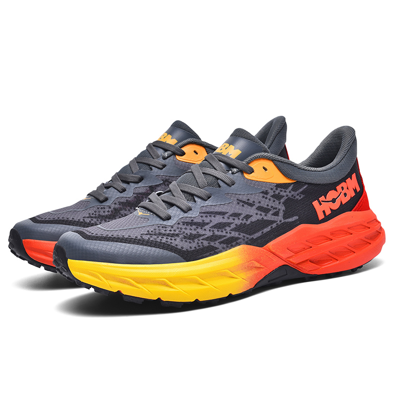 Men's Gray Trail Running Shoes with Orange and Yellow Accents - Outdoor Athletic Footwear