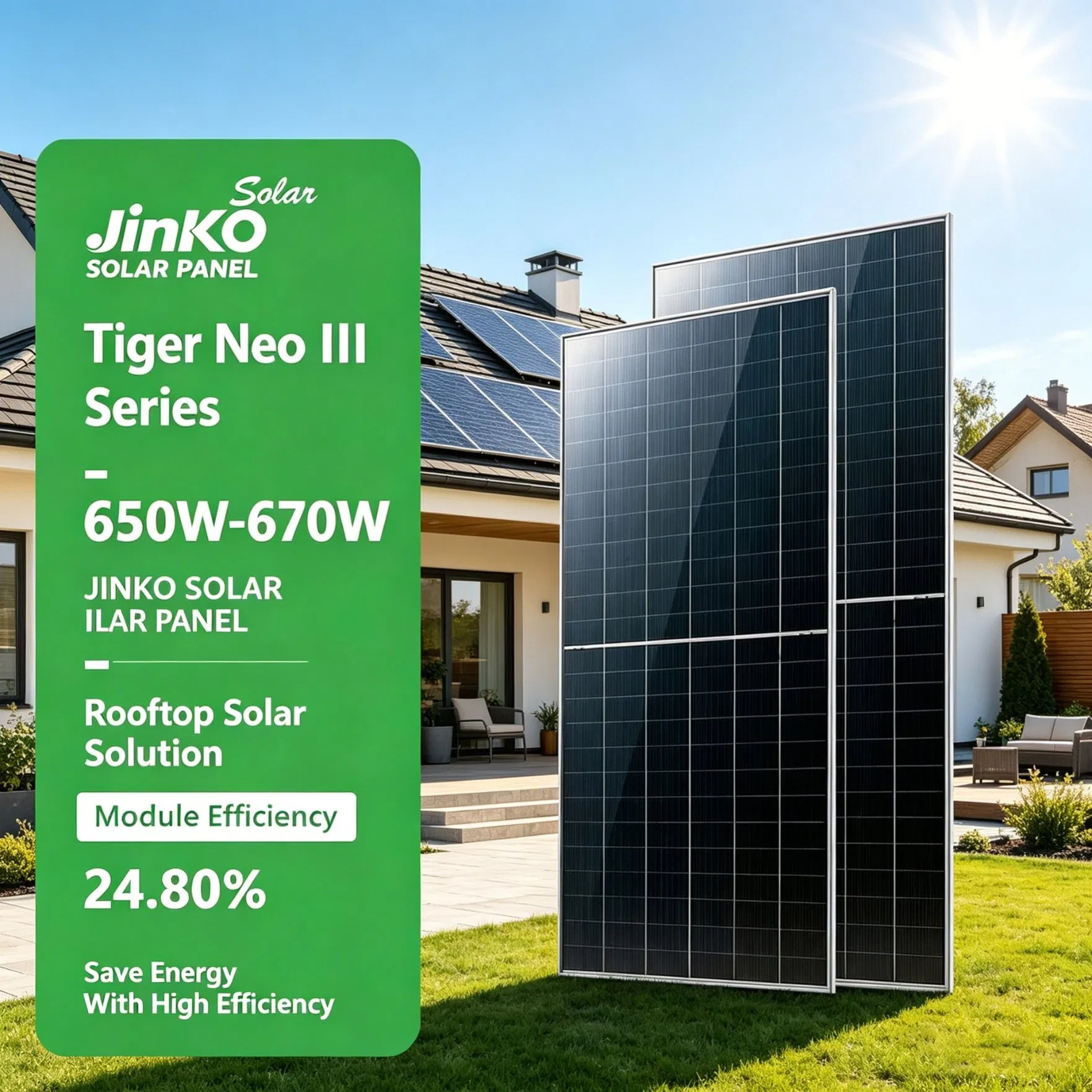 Módulo Fotovoltaico de Painel Solar Jinko 650W 660W 670W Painel Solar Bifacial de Vidro Duplo Tipo N para Instalação em Grandes Fazendas Solares