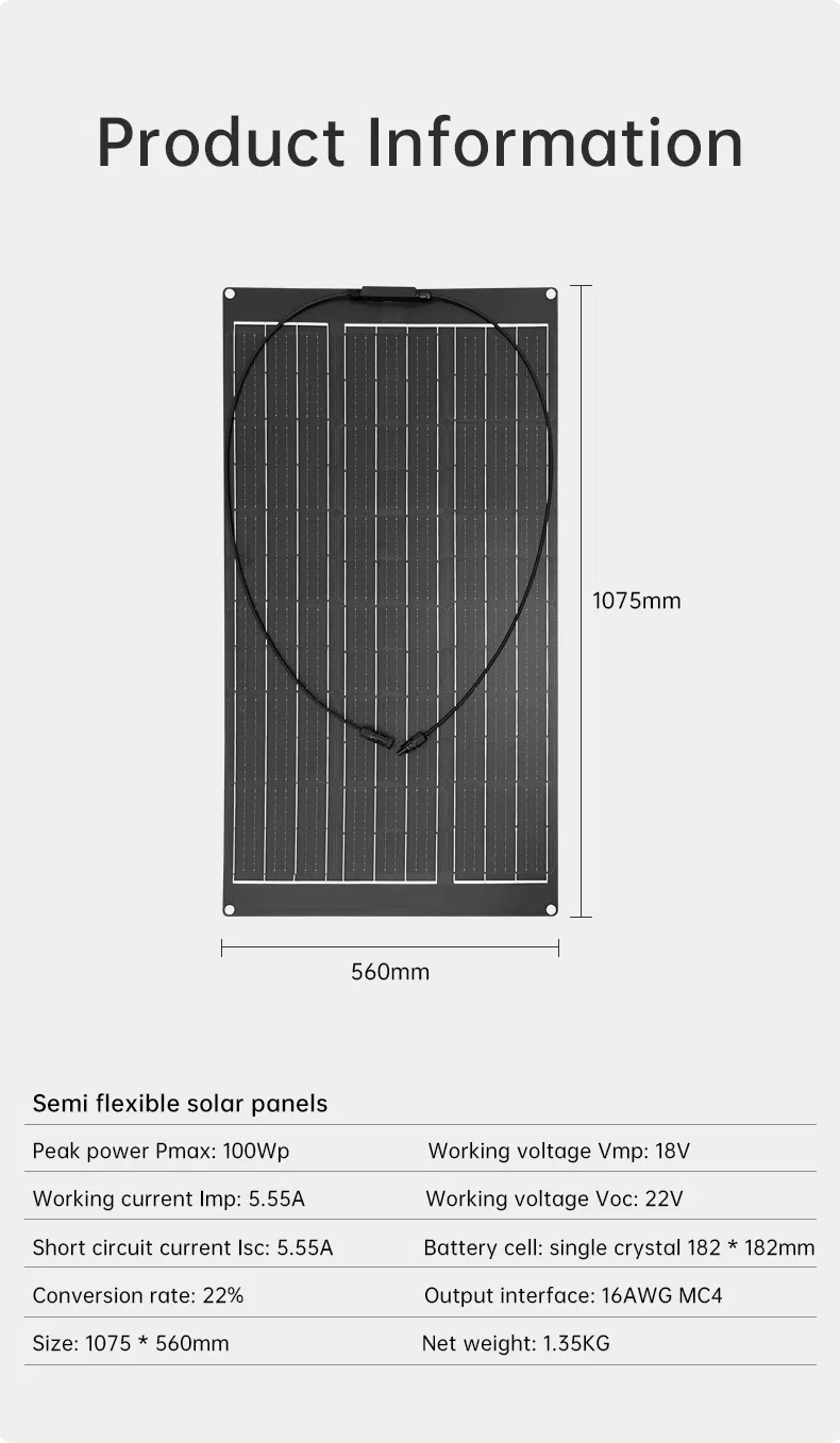 100W 18V Painel Solar Flexível Monocristalino Preto para Telhados de RV
