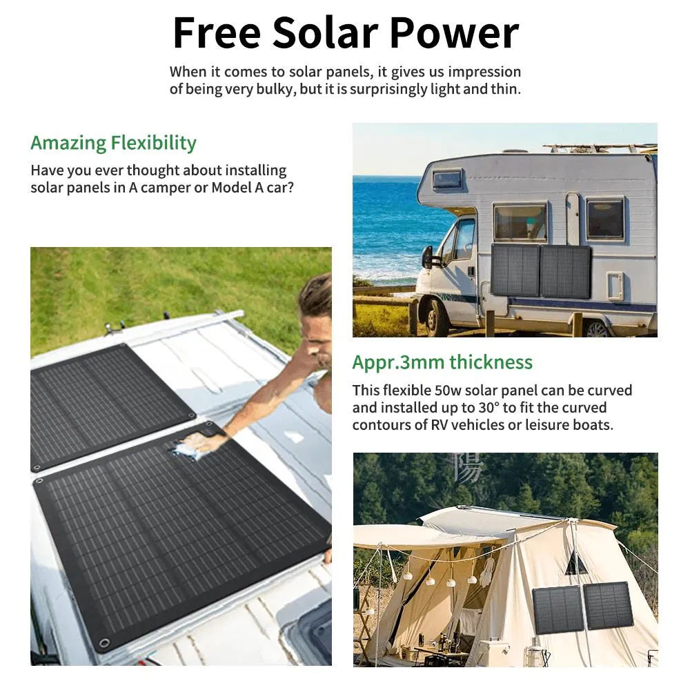 Painéis Solares Fotovoltaicos Flexíveis Ultra Leves e Portáteis 50W Kit de Painéis Solares Flexíveis ETFE