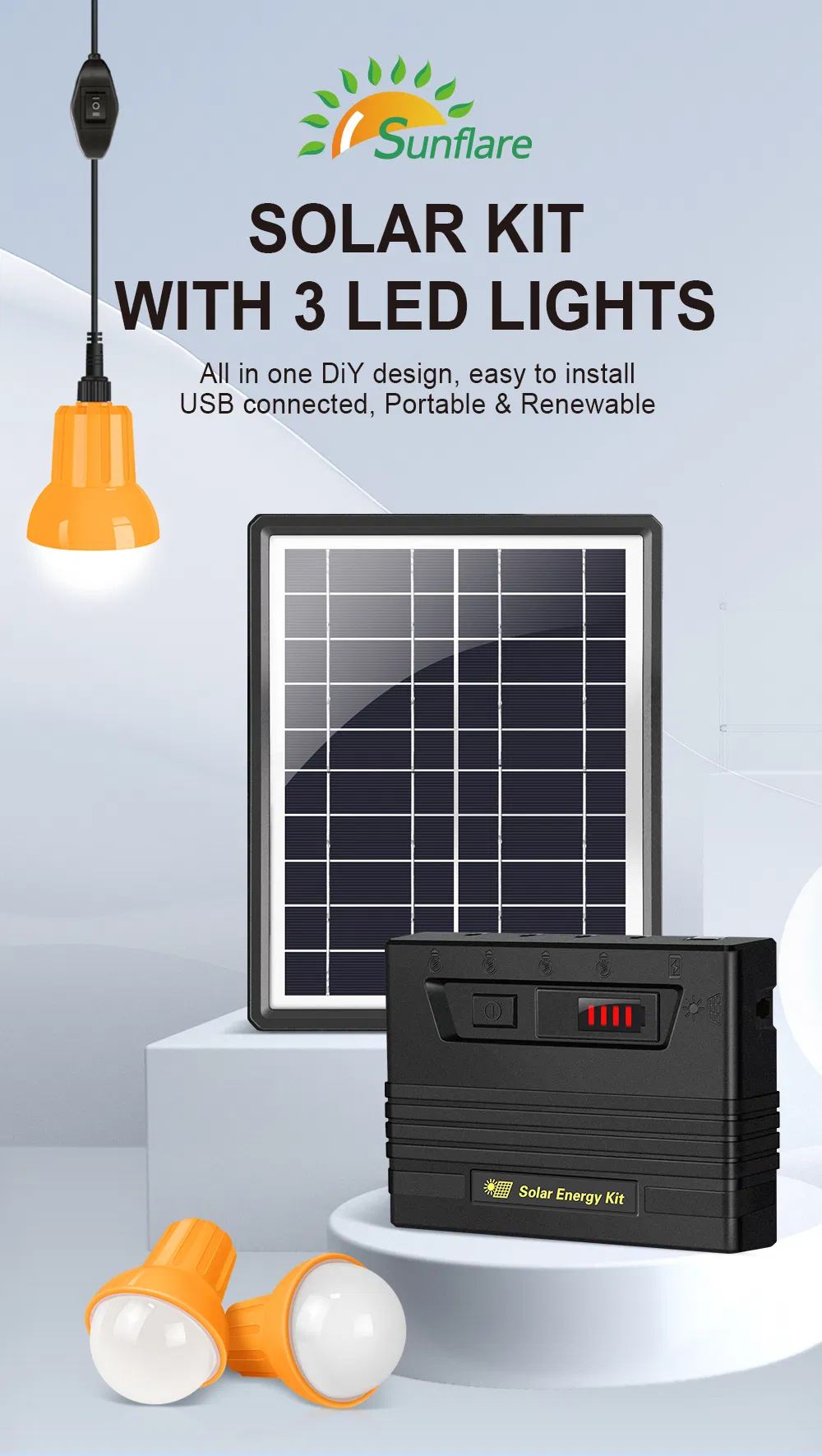 5W Sistema de Energia Solar Portátil Luz de Casa Kit de Painel Solar com 3 Lâmpadas LED