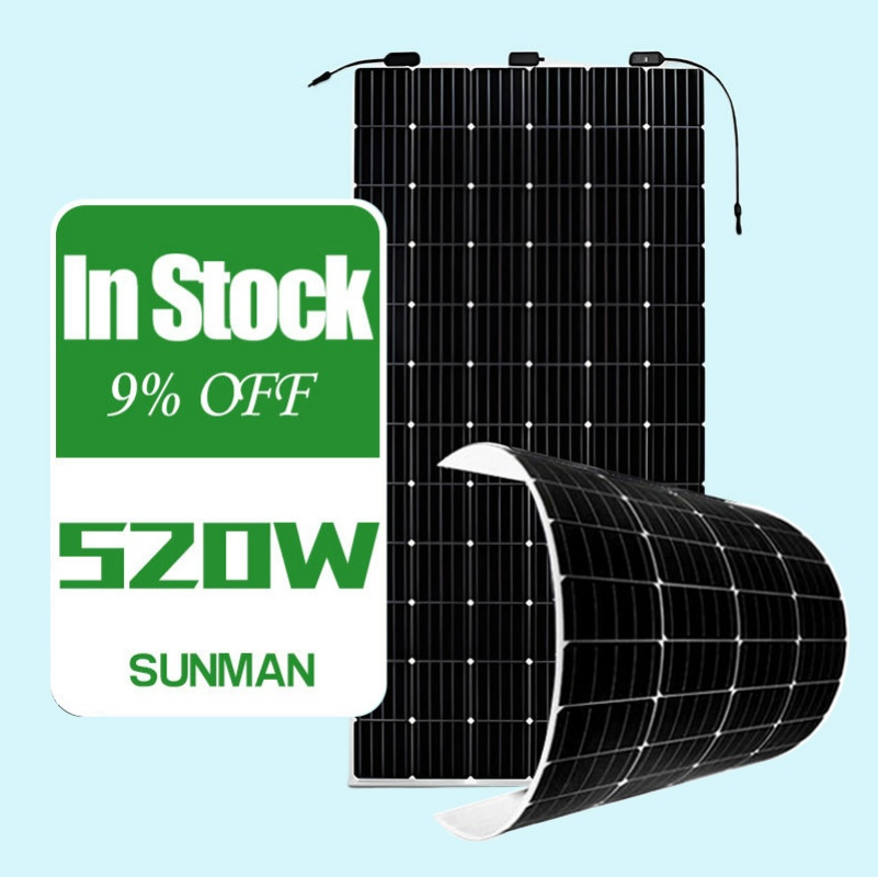 Painel Solar Flexível Sunman Earc 520W Ultra Leve Fino Monocristalino Livre de Vidro ETFE Módulo Flexível para Camping RV Marinha Iate Sistema de Energia Solar Portátil