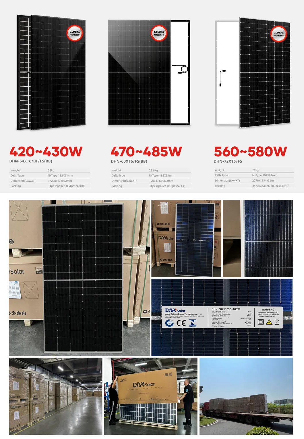 Painéis Solares N Tipo de Alta Eficiência Dah 750W para Sistema de Energia Solar Industrial