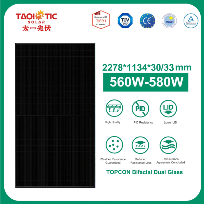 Painel Solar Fotovoltaico Monocristalino Bifacial de Vidro Duplo Personalizado Preto Taoísta 560-580W