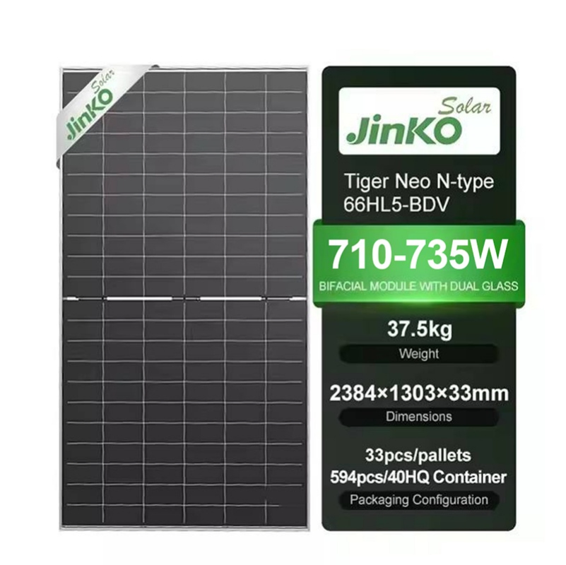 Painel Solar Jinko Tiger Neo 66hl5-Bdv Bifacial Tipo N 710W 715W 720W 725W 730W Painel Solar Monocristalino de Vidro Duplo para Telhados Residenciais e Fazendas