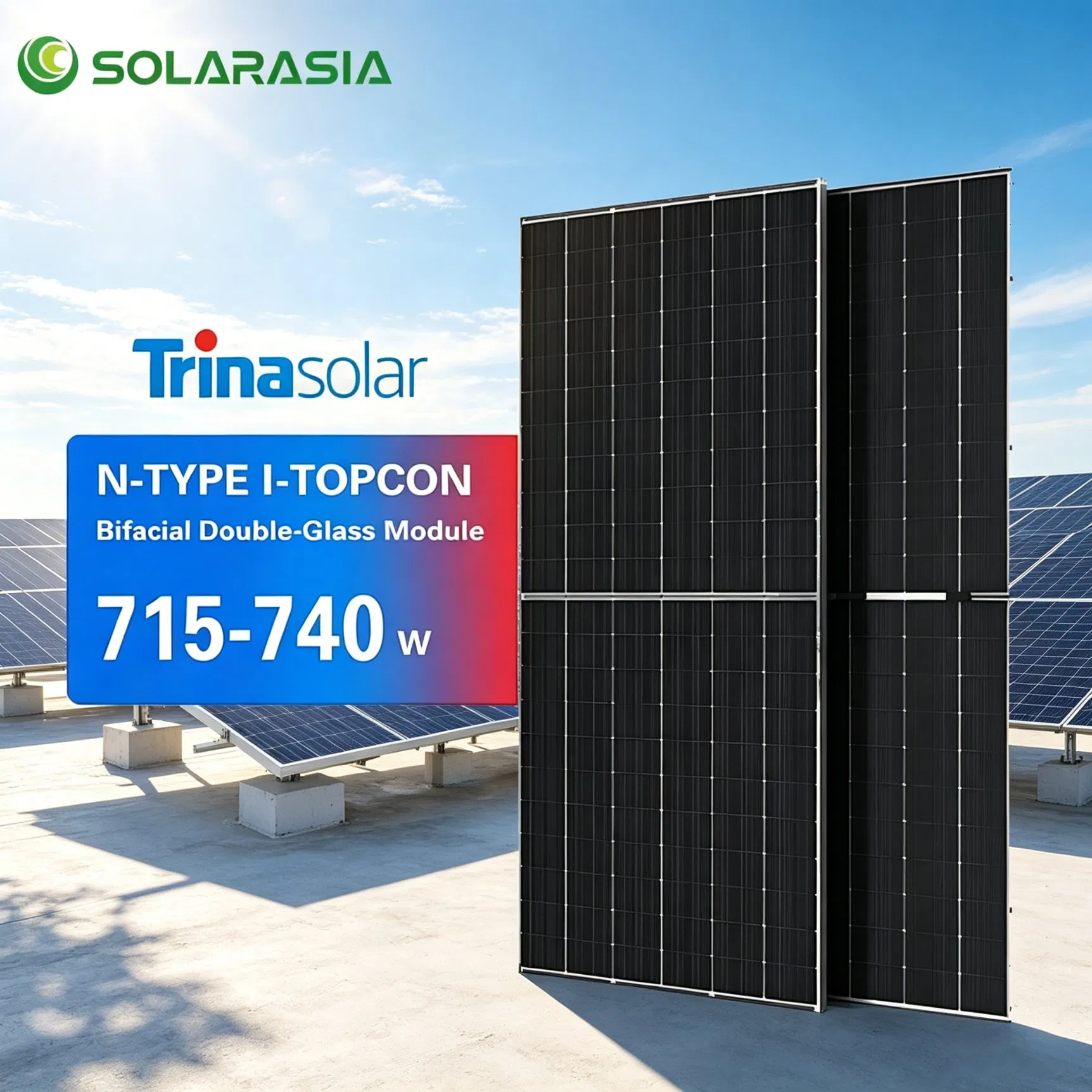 Painel Solar Monocristalino Trina 715W 720W 725W 730W 735W 740W Painel Solar Bifacial de Vidro Duplo Tipo N Topcon para Sistemas Fotovoltaicos Conectados à Rede