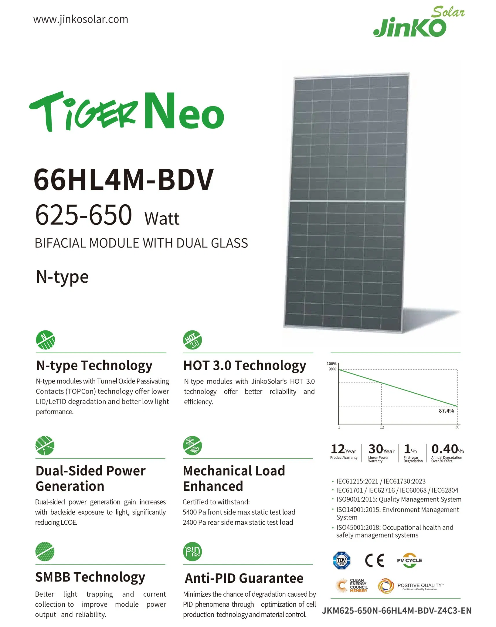 Jinko Tiger Neo 625W 630W 640W 650W Painel Solar Bifacial N-Type Mono Vidro Duplo 132 Células IP68 12 Anos de Garantia para Solar Residencial Comercial Industrial