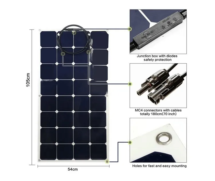 Alta Eficiência 100W 12V Leve Ultra Flexível Painel Solar Monocristalino Dobrável para Carregador Off-Grid para RV Marinho Barco Van Carro Superfícies Curvas