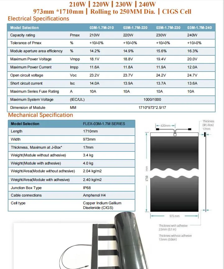 Folha de Dados do Painel Solar Flexível CIGS 210W