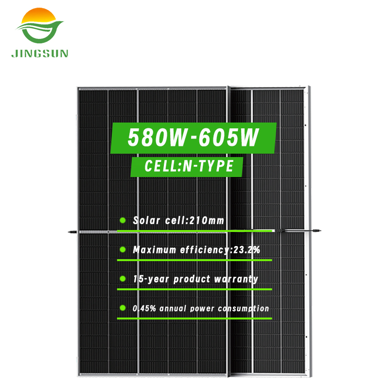 Chegada Nova da Jingsun em Estoque Painel Solar Bifacial Vidro Duplo 580-605W para Sistema de Energia PV Comercial Industrial