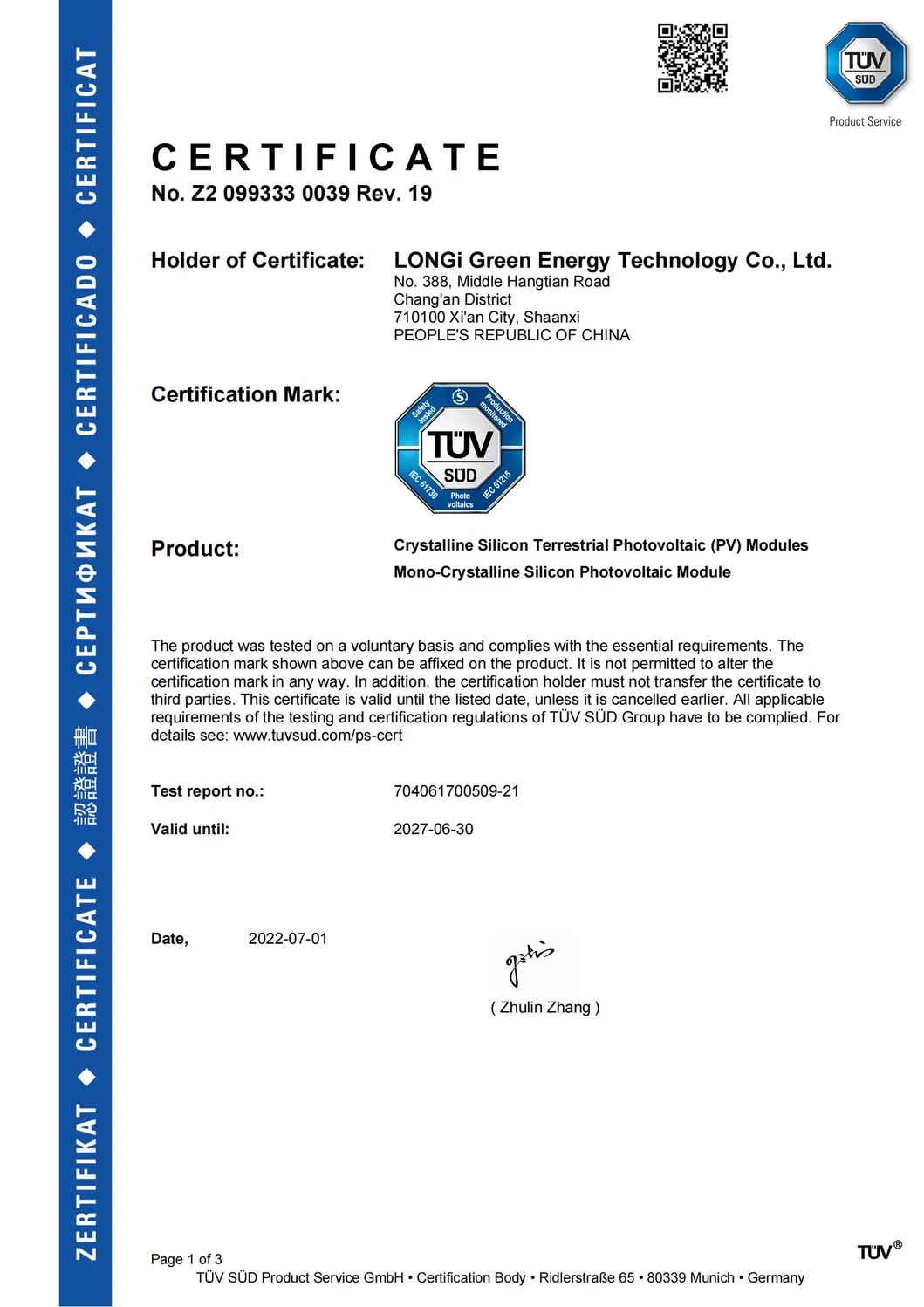 Certificações do Painel Solar Himo 7 Tipo N Bifacial
