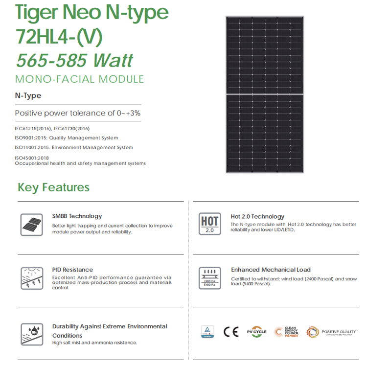 Preço de Atacado Painéis Solares Policristalinos para Uso Doméstico 565W 585W Jinko 580n-72hl4-V