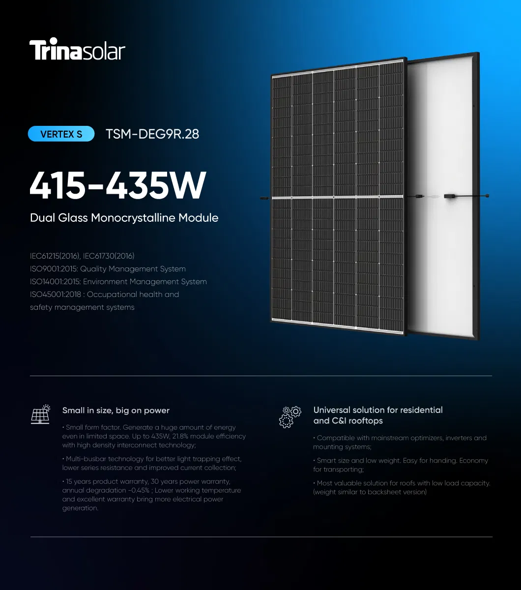 Módulos PV bifaciais de vidro duplo tipo N para uso em sistema on-grid residencial 415W 420W 425W 435W